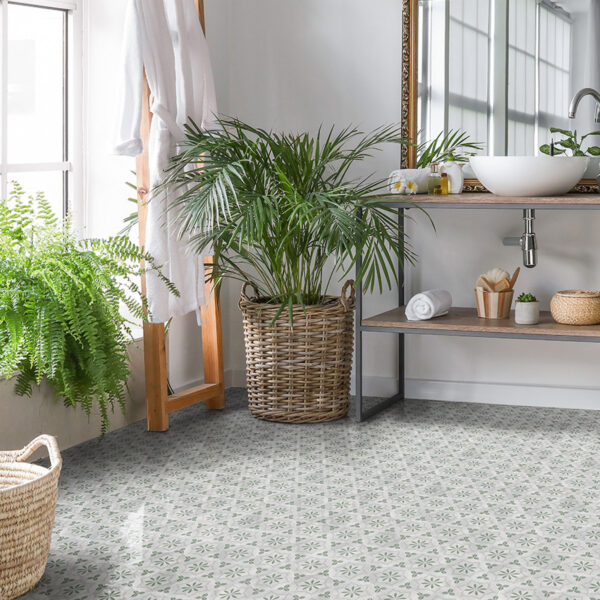 A bathroom with plants and baskets on the floor