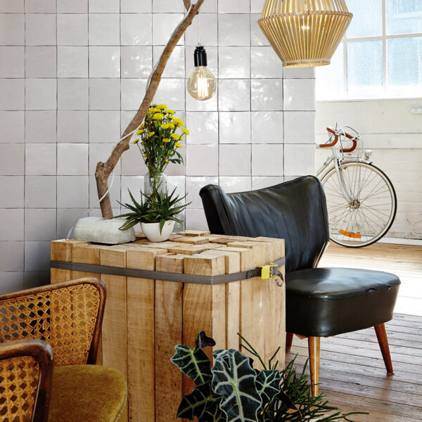 A room with a table and chairs, plants and a lamp.