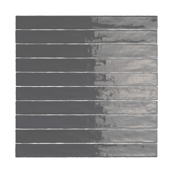 A gray tile wall with 1 2 strips of glass.