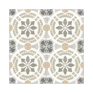 A tile pattern with a floral design in grey, beige and white.