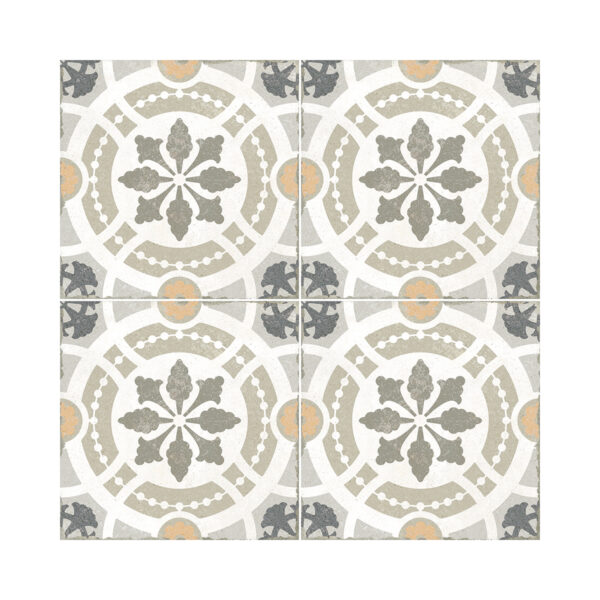 A tile pattern with a floral design in grey, beige and white.