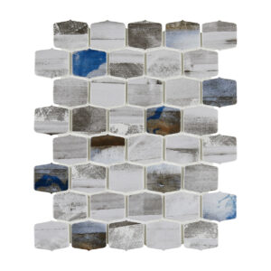 A white and blue tile wall with many different shapes.