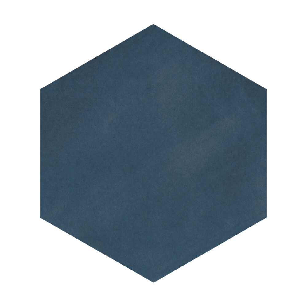 A blue hexagonal tile floor with no grout.