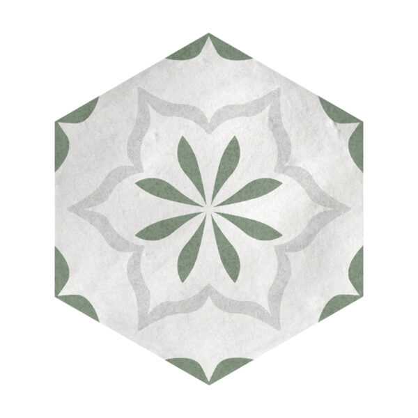 A white and green floral pattern on the floor.