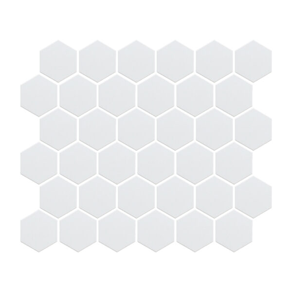 A white tile floor with hexagonal tiles on it.