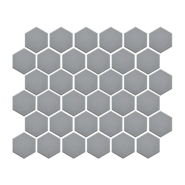 A gray tile floor with hexagonal tiles on the ground.