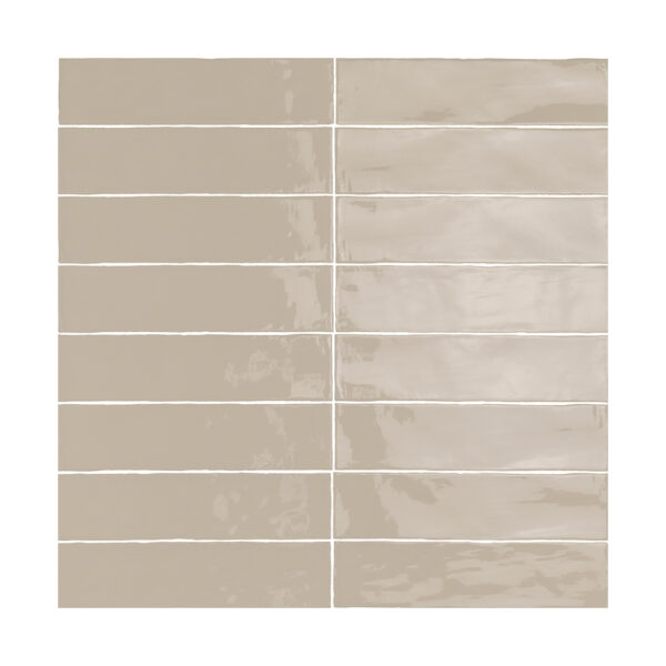 A beige tile wall with strips of white.