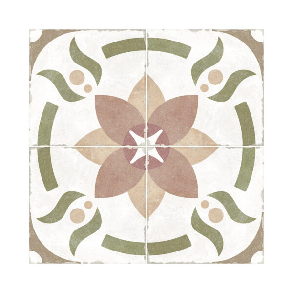 A square tile with a flower design in the center.