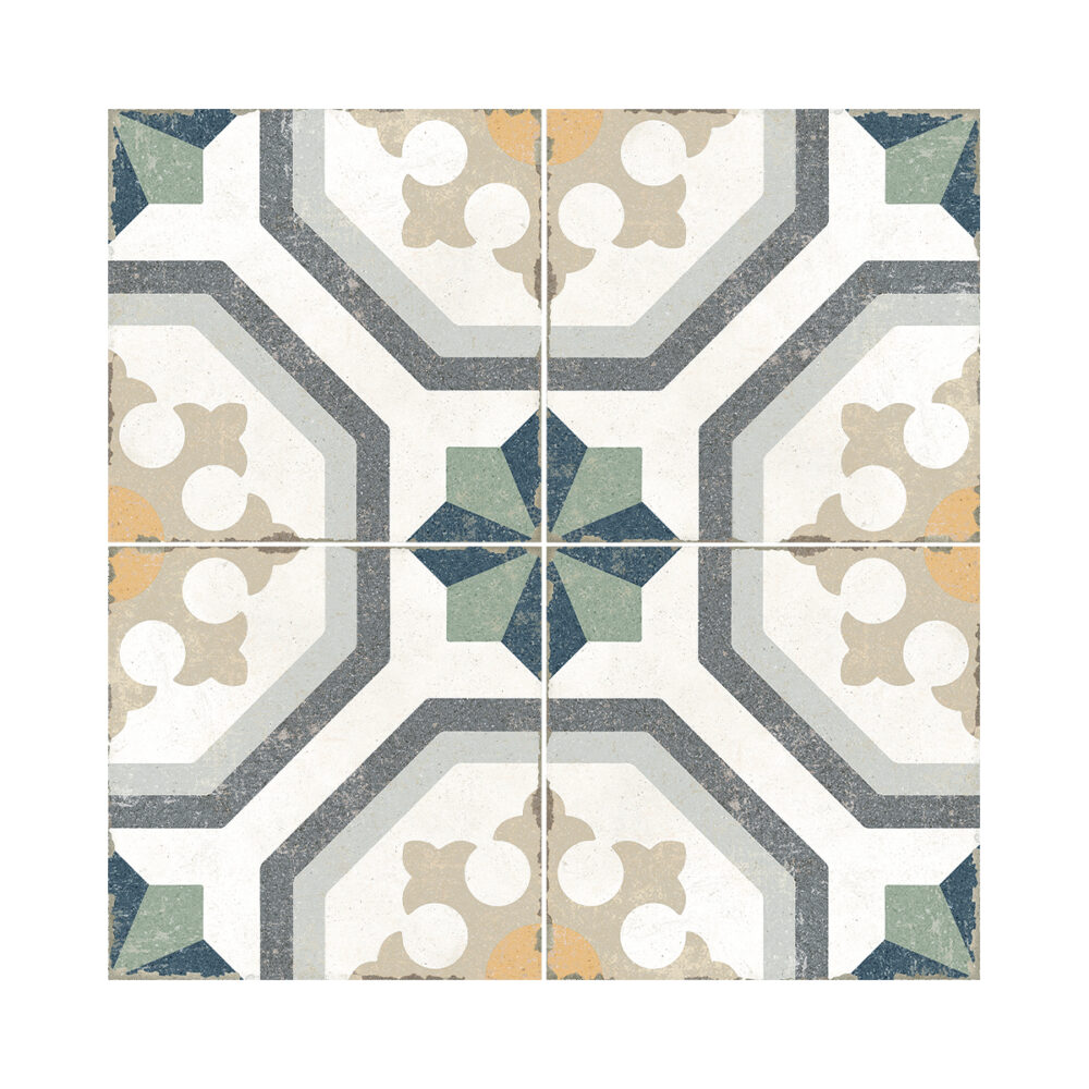 A tile floor with different colors and patterns