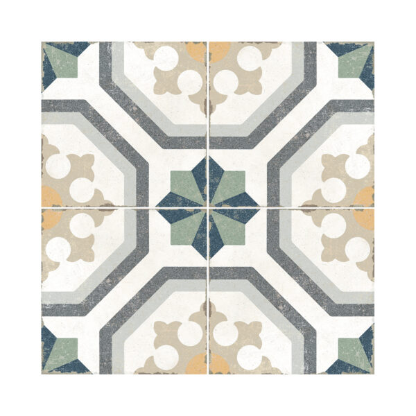 A tile floor with different colors and patterns