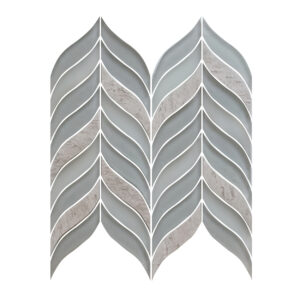 A gray and white tile wall with two identical leaves.