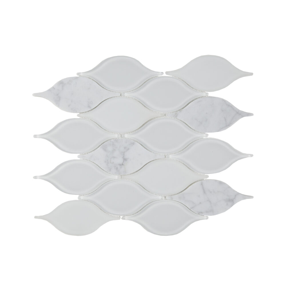 A white tile with a pattern of leaves.