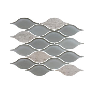 A gray and white tile wall with wavy shapes.