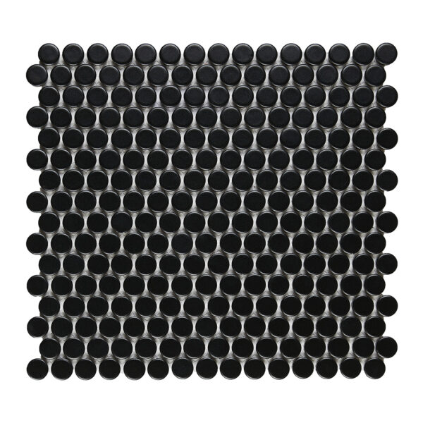 A black tile floor with small circles on it