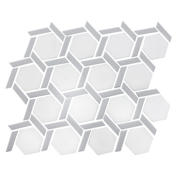 A white tile floor with a pattern of hexagons.