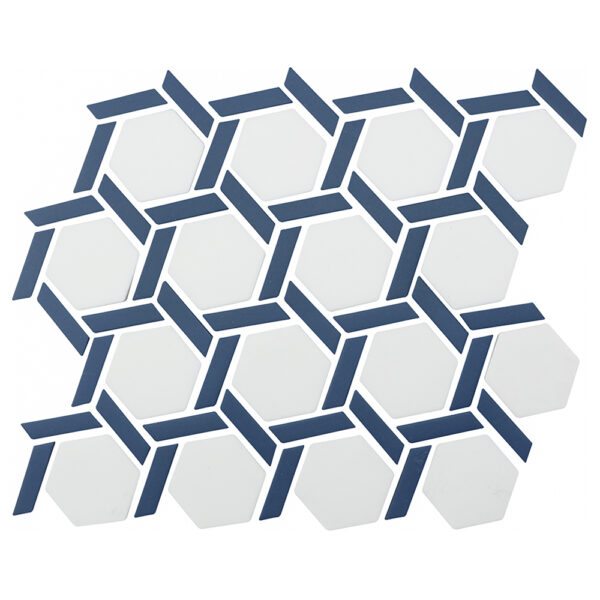 A white and blue tile floor with a pattern of hexagons.