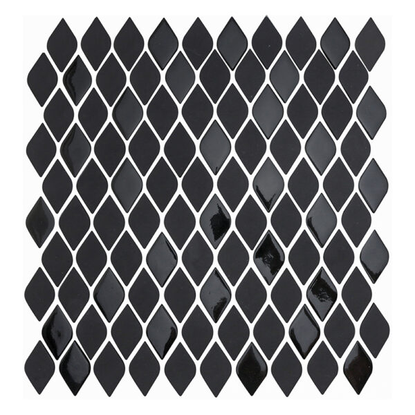 A black tile floor with white grout and a diamond pattern.