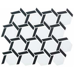 A black and white tile pattern with hexagons