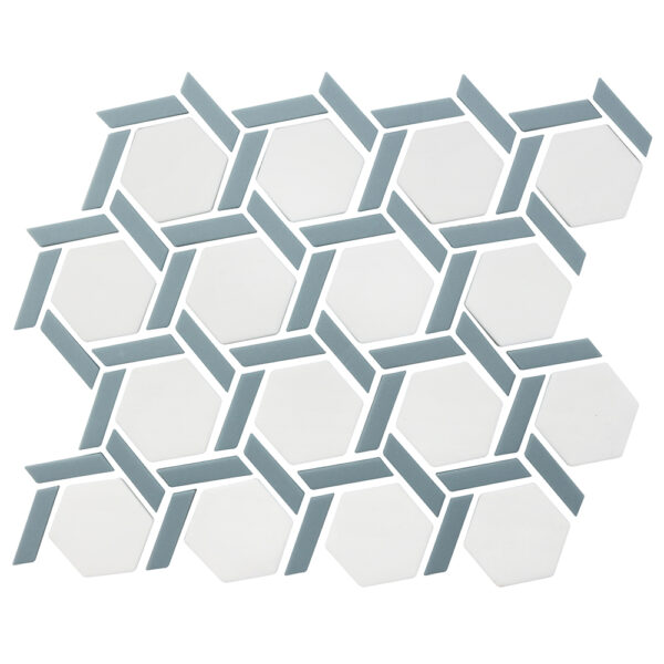 A white and blue tile floor with hexagonal pattern.