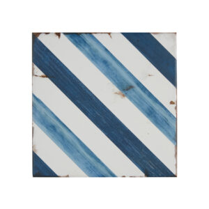 A blue and white striped tile with rust.