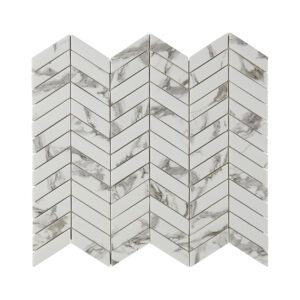 A white and gray tile wall with a pattern of zigzag.