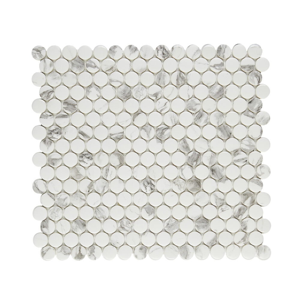 A white and gray tile floor with a pattern of small circles.