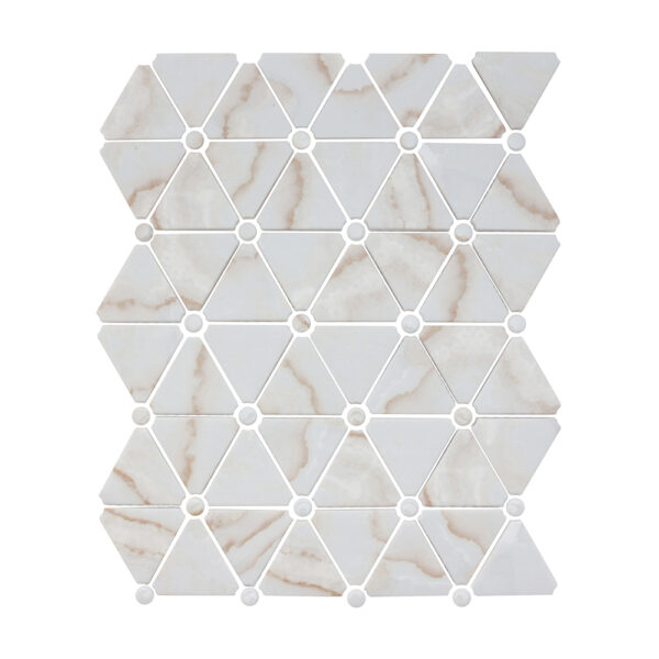 A white tile with brown and beige triangles