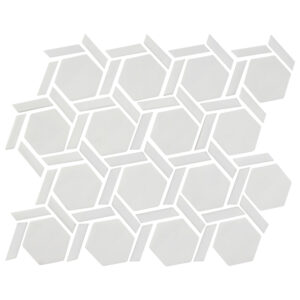 A white tile floor with hexagons on it