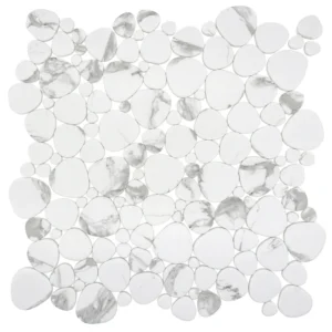 A white and silver tile floor with some bubbles