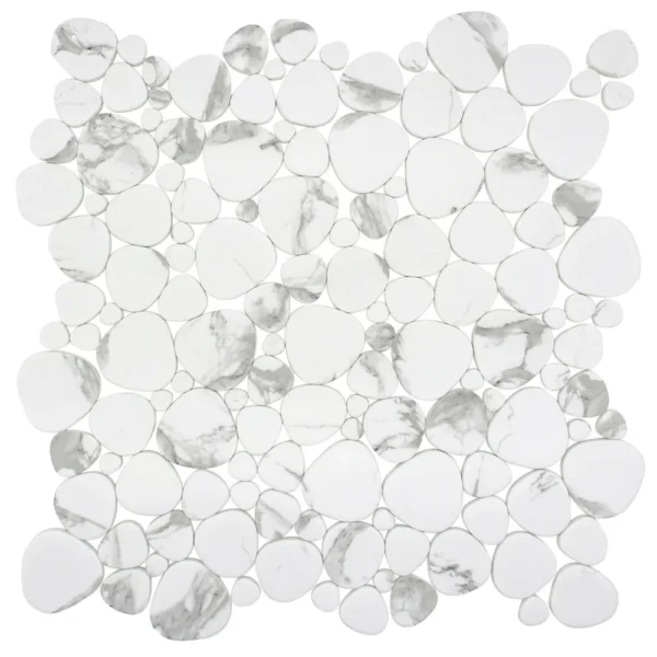 A white and silver tile floor with some bubbles