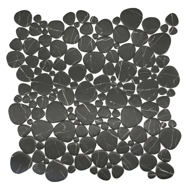 A black stone mosaic tile pattern on the wall.