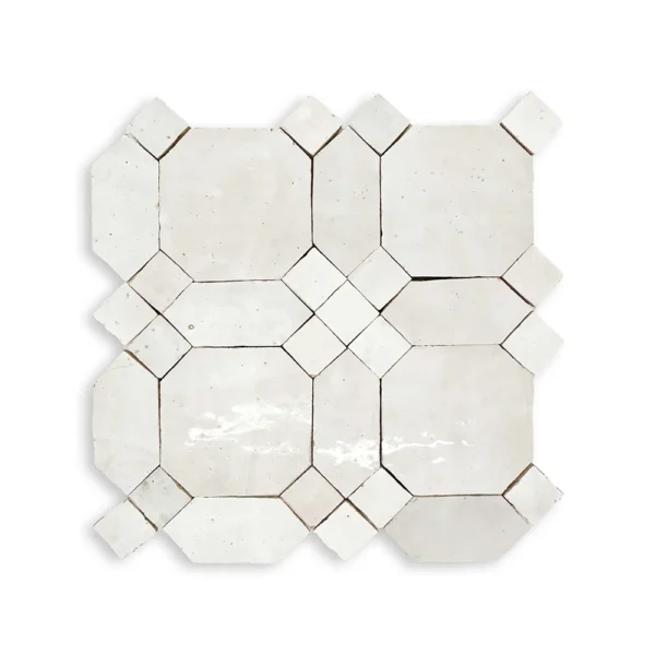 A white tile floor with many different shapes.