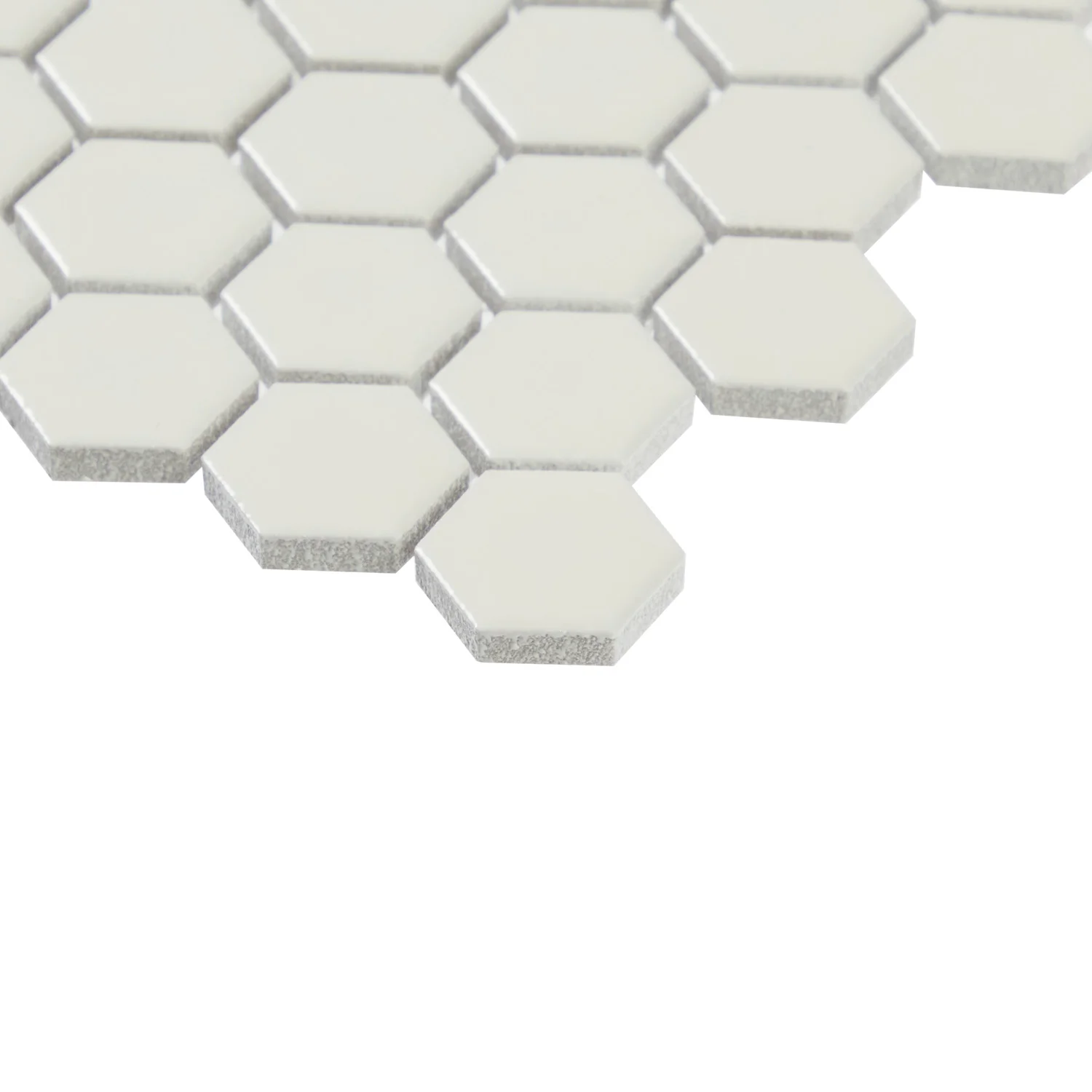 White hexagonal tiles forming a honeycomb pattern.